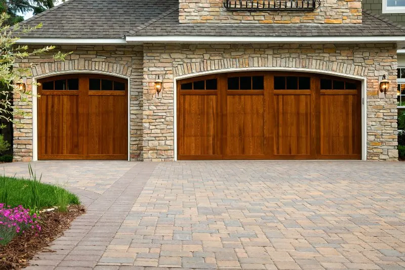 Residential driveway paved with interlocking concrete pavers