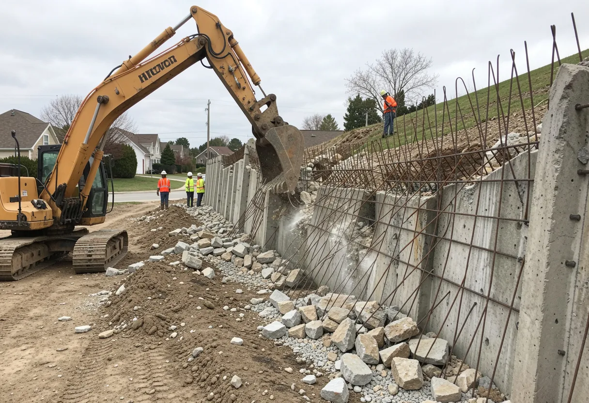 Concrete structure demolition on a residential construction site