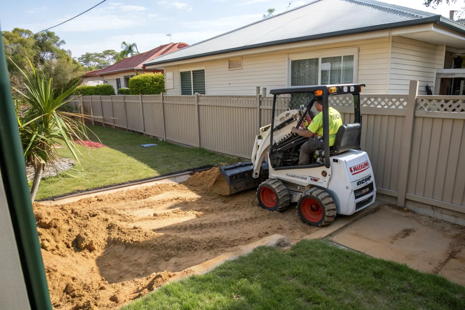 Bobcat excavation work in residential backyard on the Gold Coast