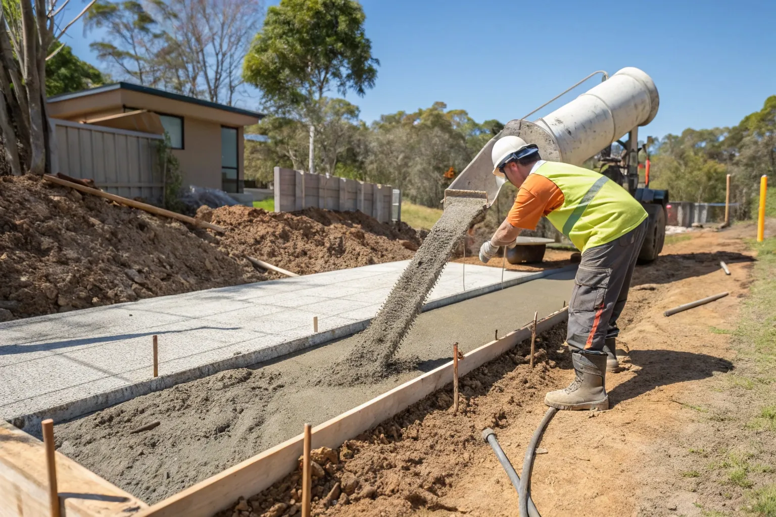 Concrete contractor pouring strip footings on a Gold Coast residential construction site