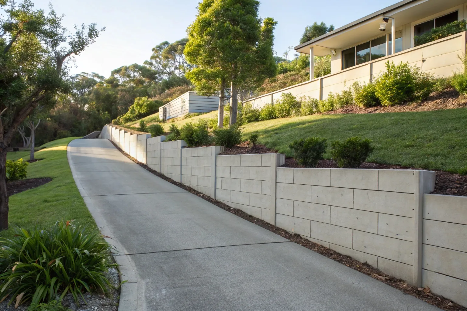 Poured concrete retaining wall running alongside a residential driveway on a Gold Coast property