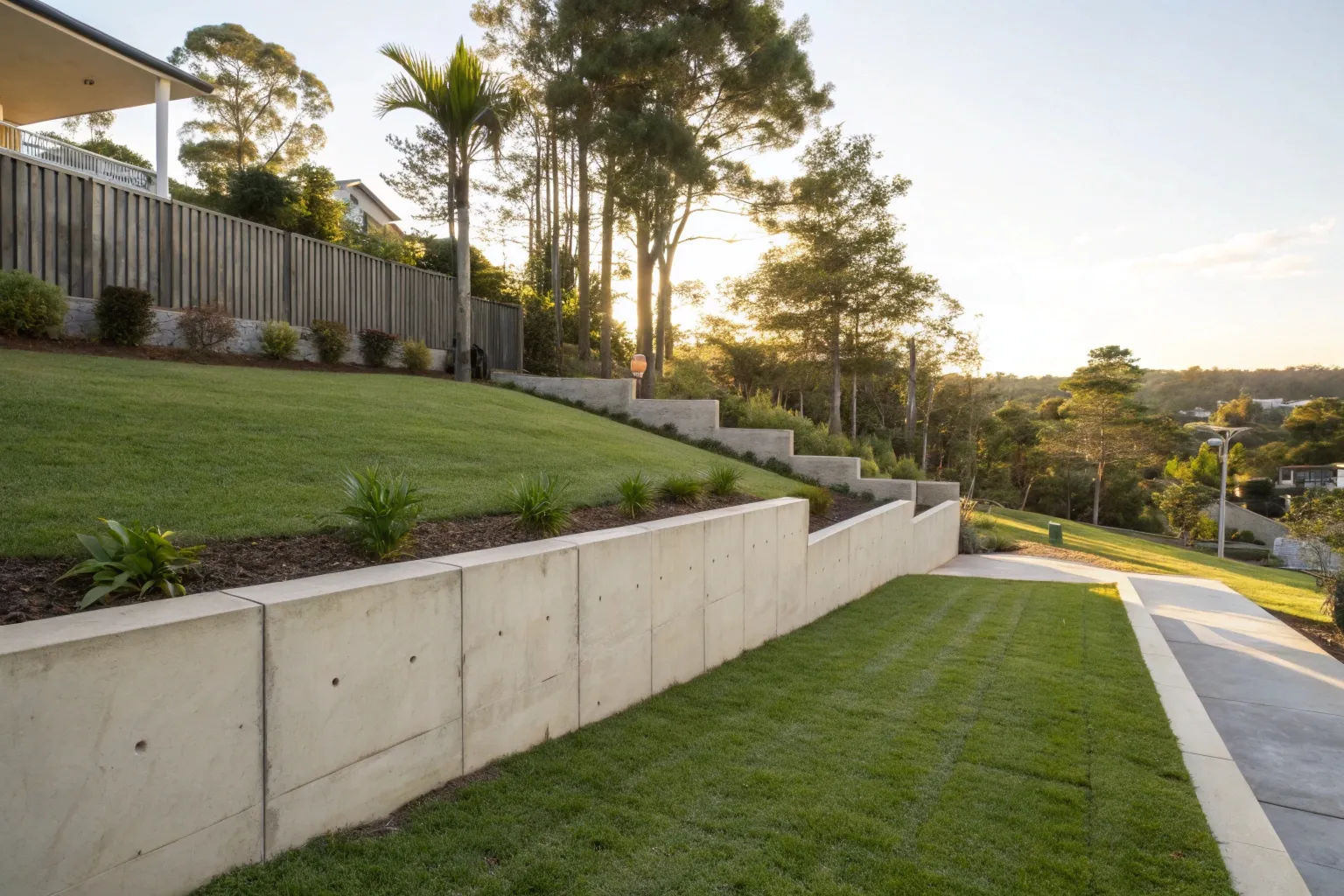 Completed concrete retaining wall on a Gold Coast residential property with terraced lawn area