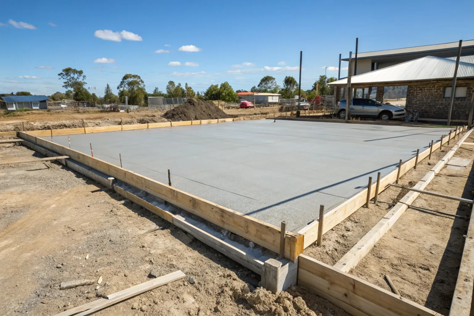 Freshly poured concrete slab foundation graded to direct water away from a Gold Coast garage