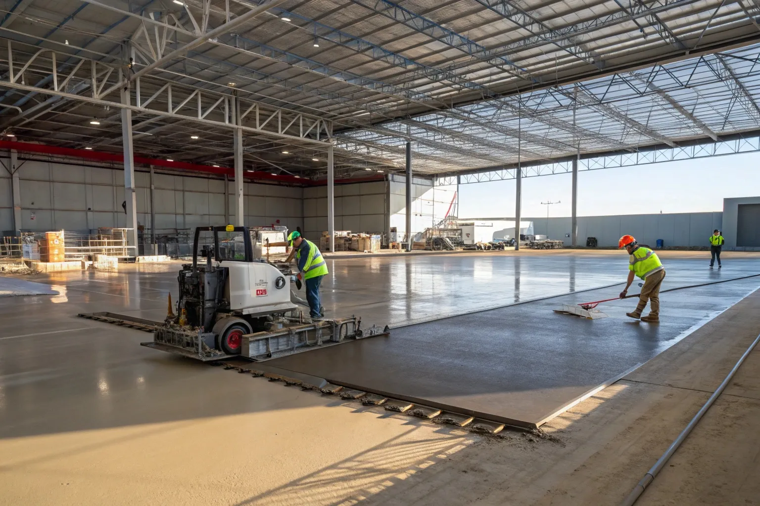 Large concrete floor slab being poured inside a Gold Coast commercial warehouse