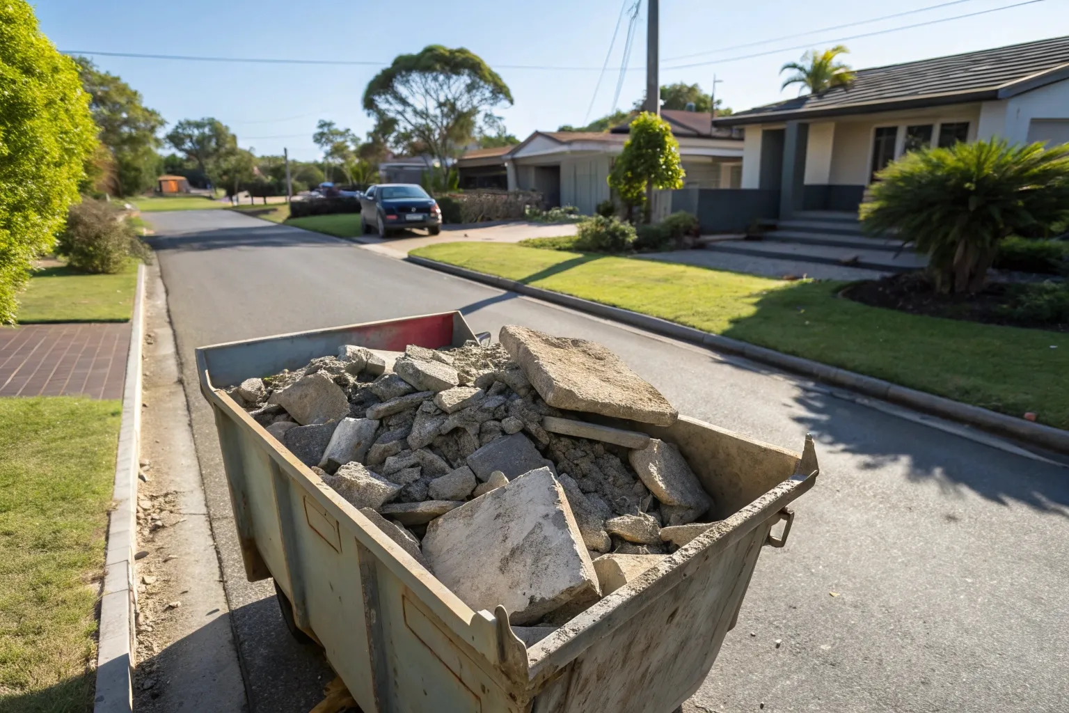 Skip bin loaded with concrete demolition waste at a Gold Coast residential property