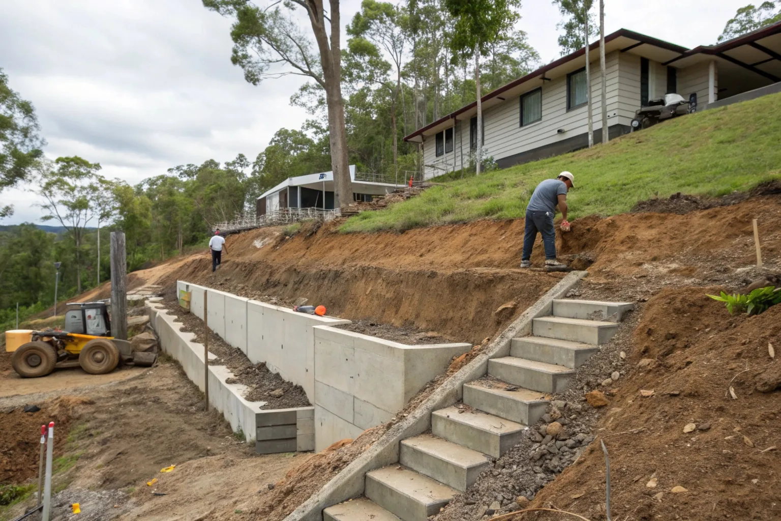 Stepped concrete strip footing formed to follow a sloped Gold Coast site ahead of a retaining wall pour