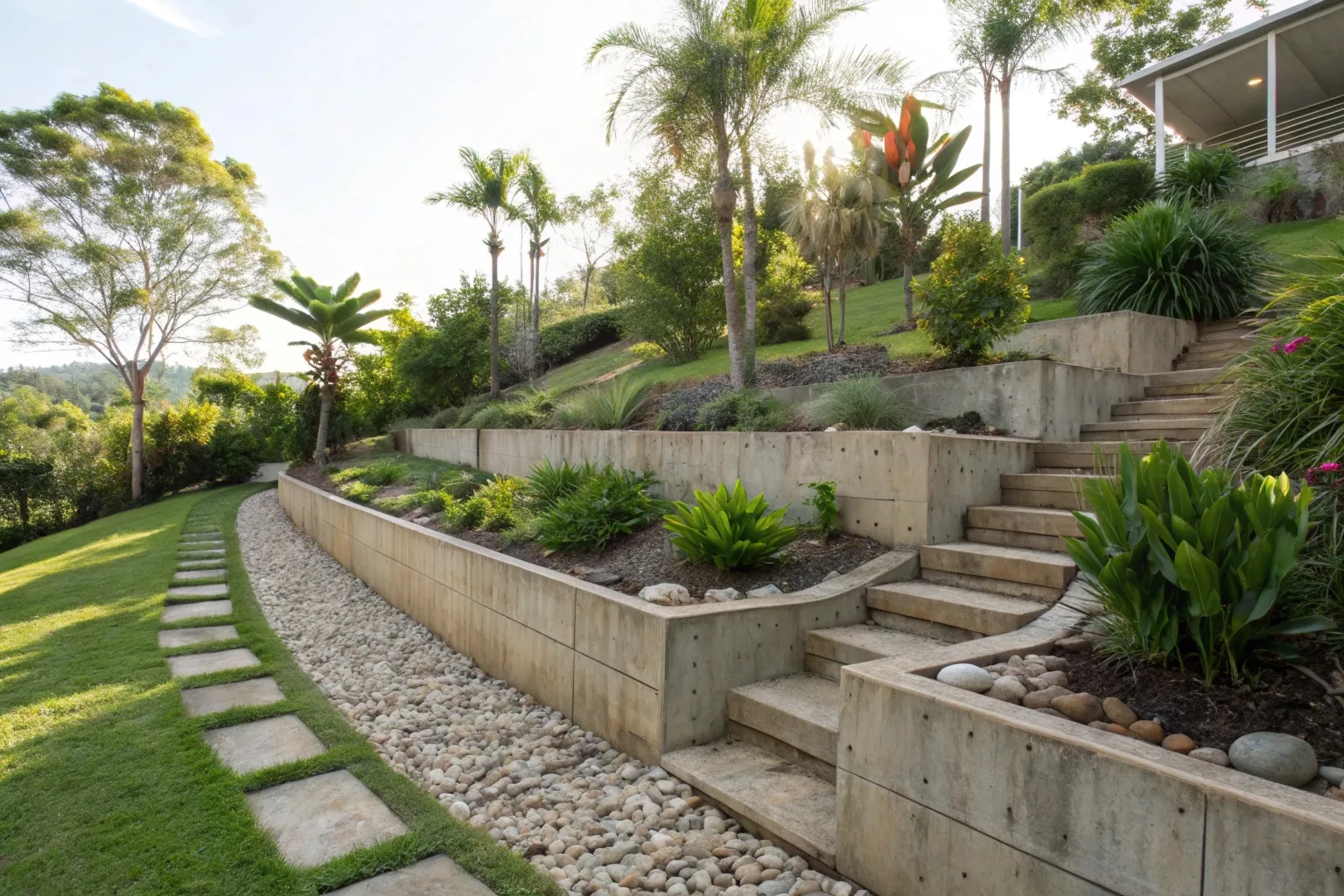 Multiple tiered concrete retaining walls holding back a landscaped Gold Coast garden for decades of low-maintenance use