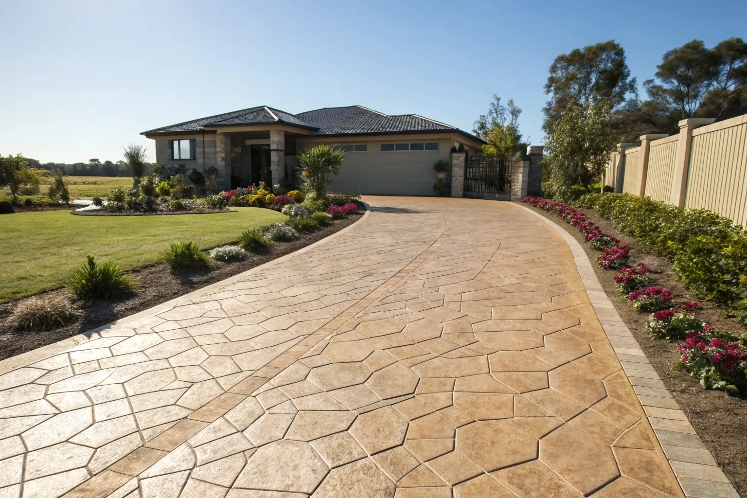 Stamped concrete driveway with cobblestone pattern at Gold Coast home