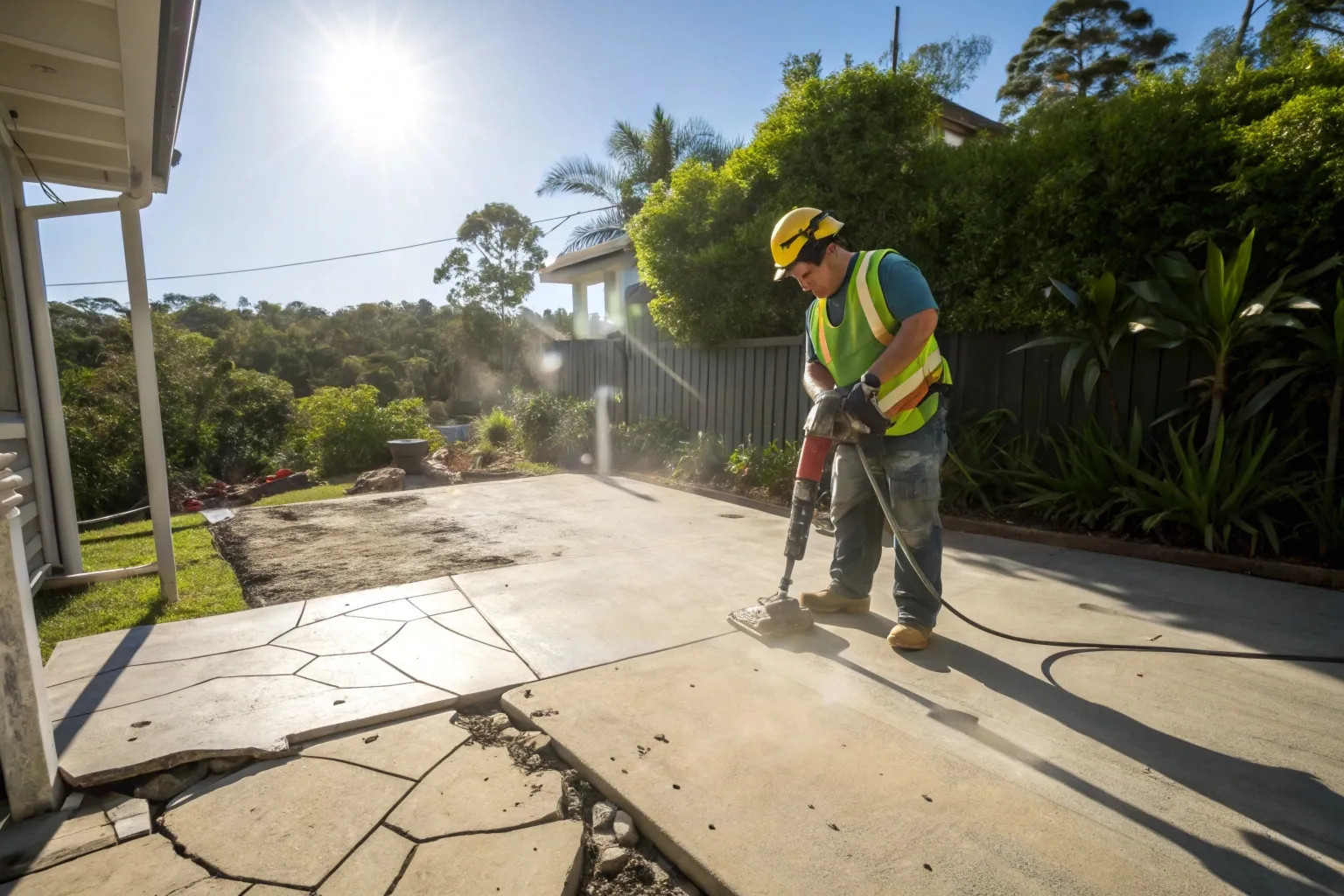 Concrete demolition worker breaking up a backyard patio slab on the Gold Coast