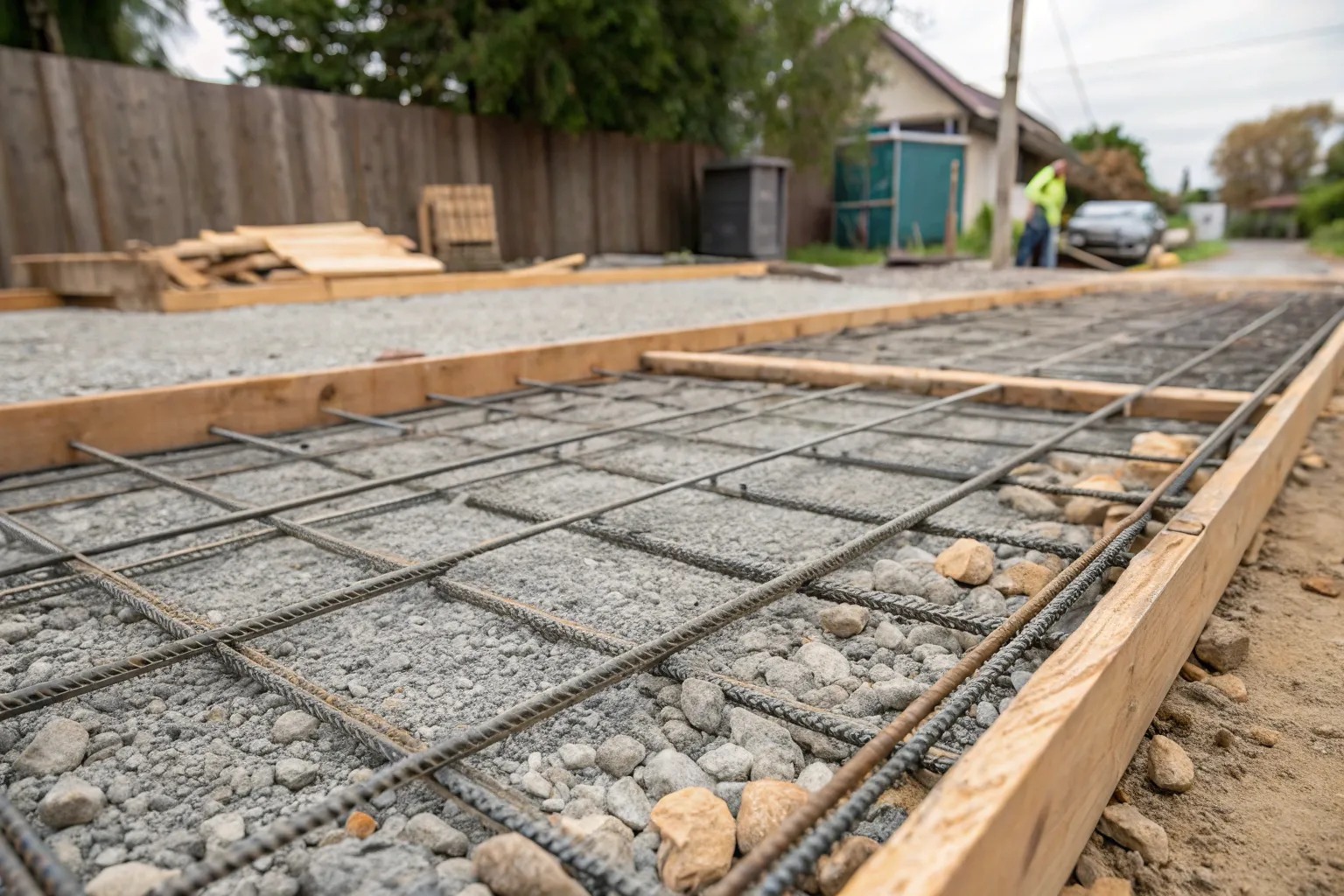 Close-up of steel reinforcement mesh laid before a concrete pour