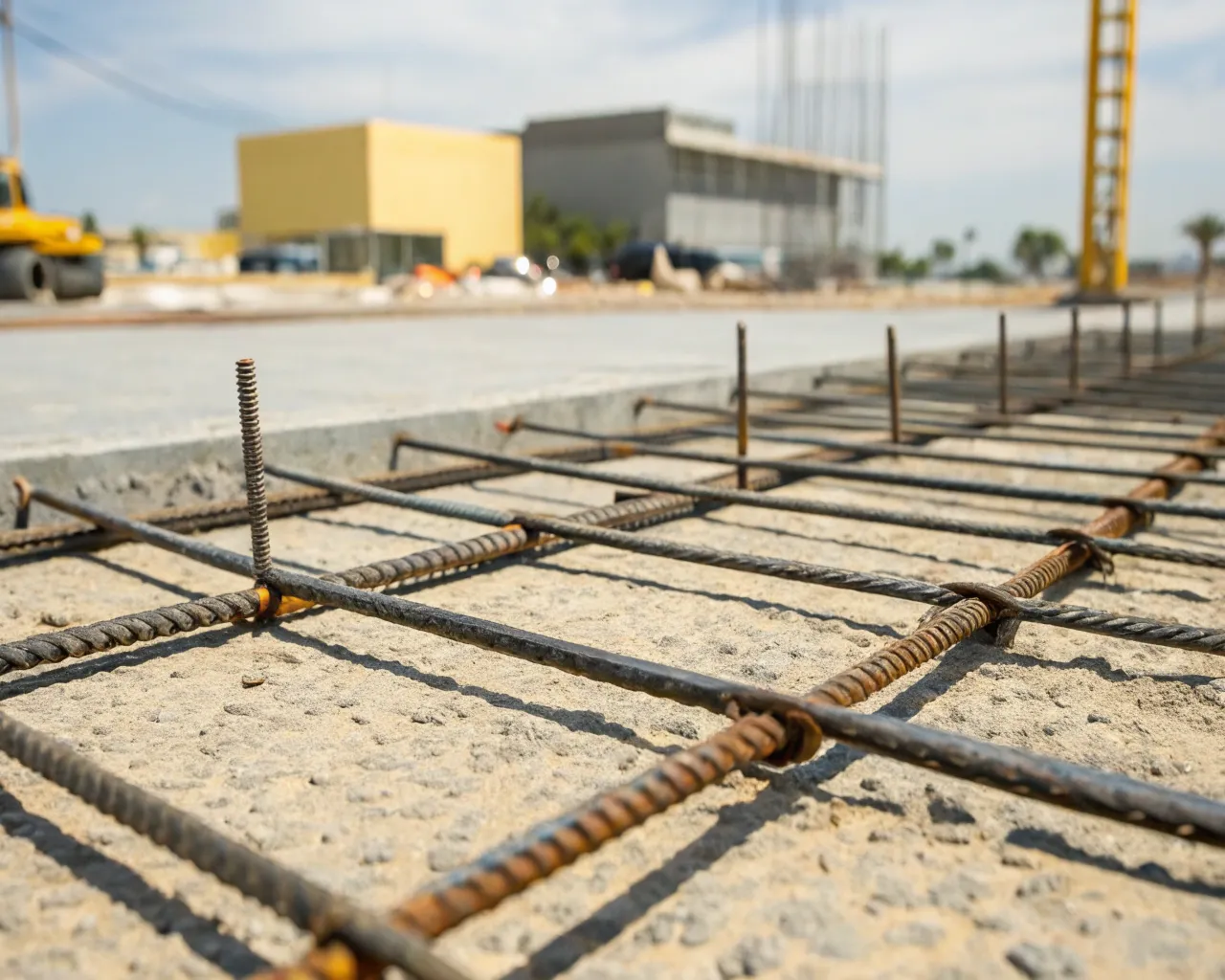 Close-up of steel reinforcement mesh laid before a concrete pour