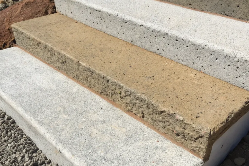 Three side-by-side concrete sample panels comparing different decorative finishes