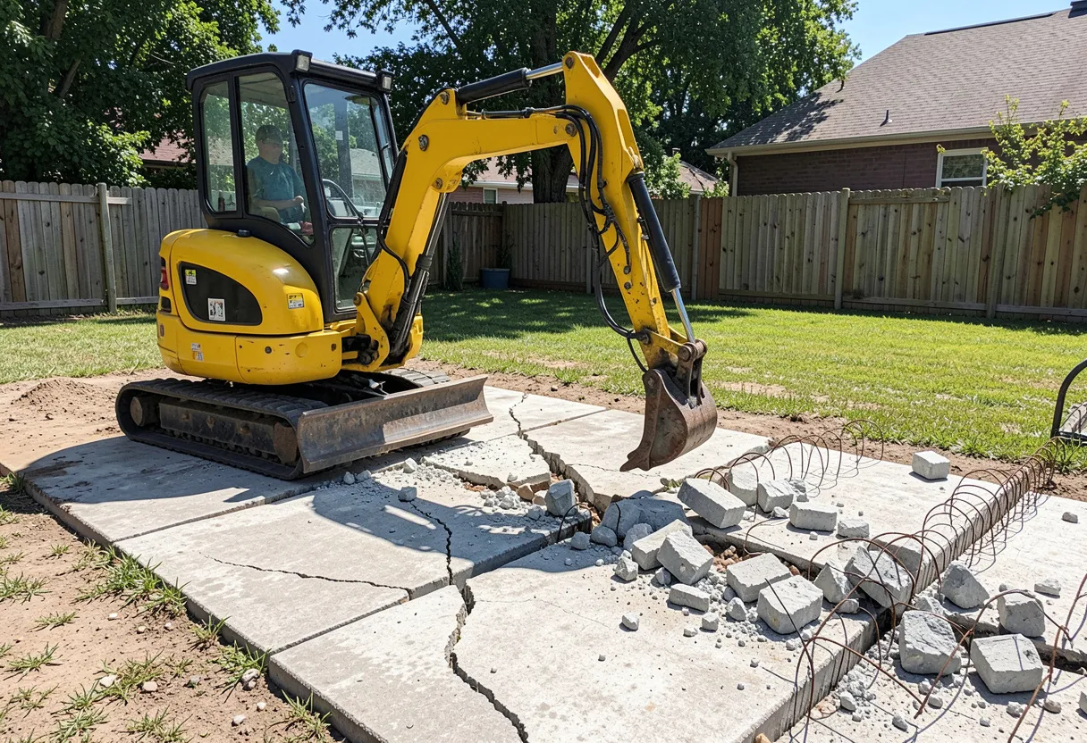 Excavator with hydraulic breaker demolishing an old, cracked concrete garage slab before replacement