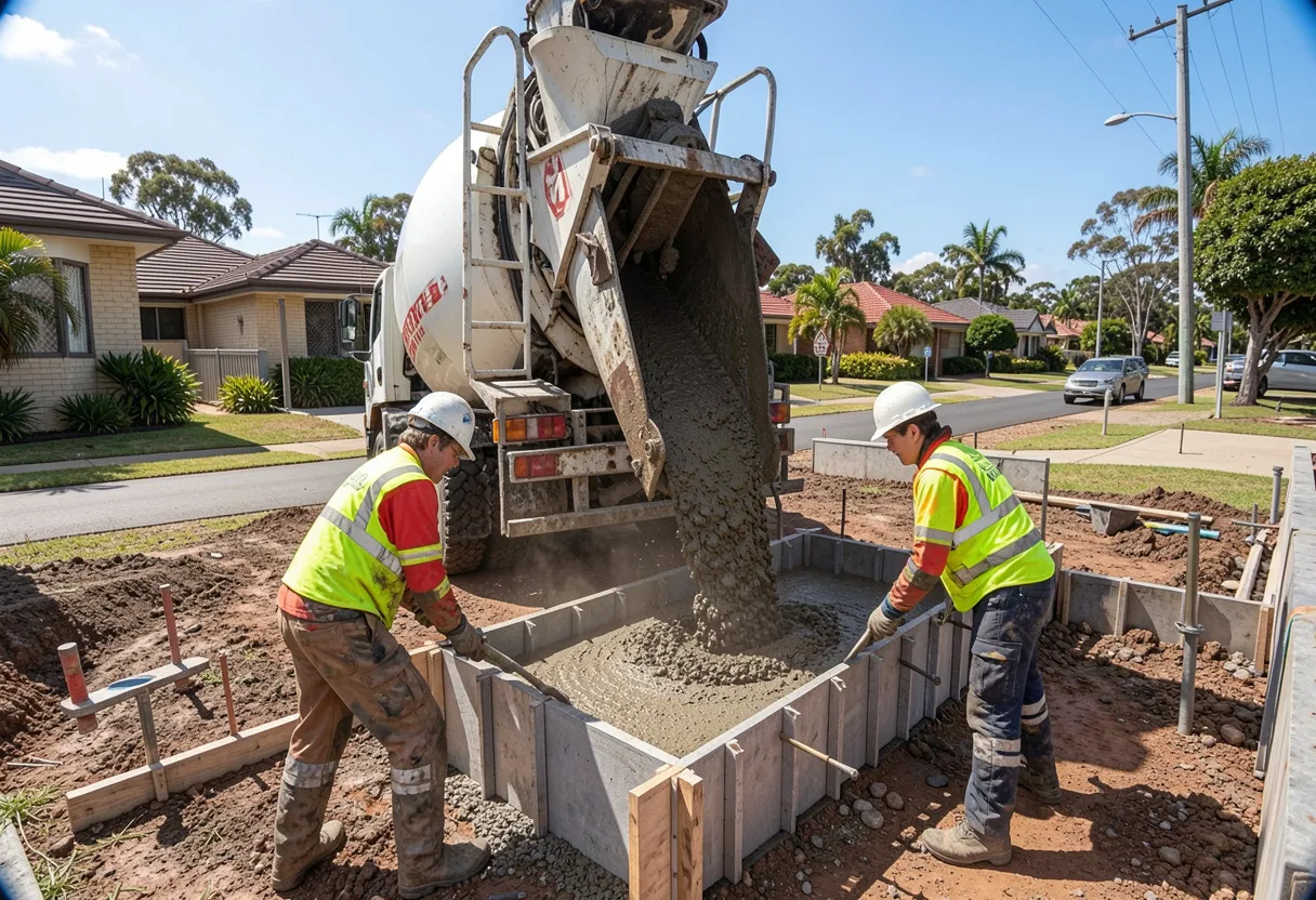 concrete agitator truck parked on a residential construction site
