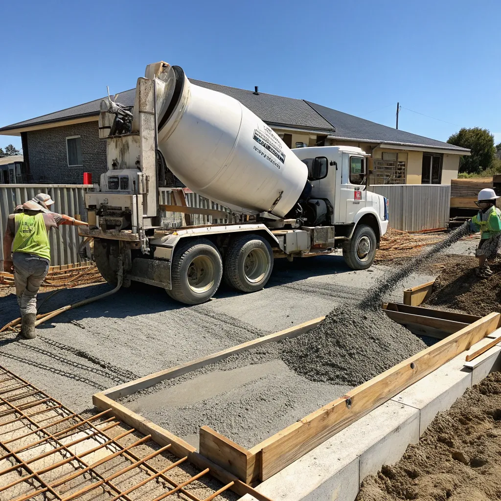 Concrete delivery truck on a residential construction site