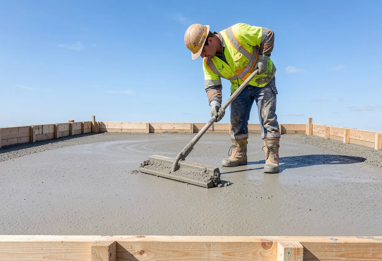Concreter in work boots and high-vis using a bull float to finish a residential garage slab