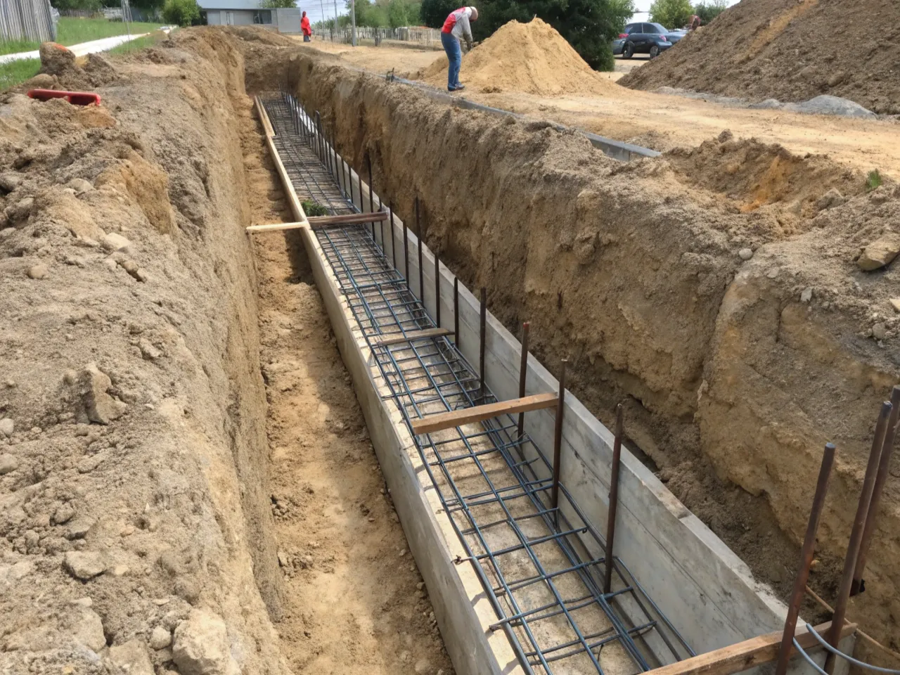 Continuous reinforced concrete strip footing formed in an excavated trench