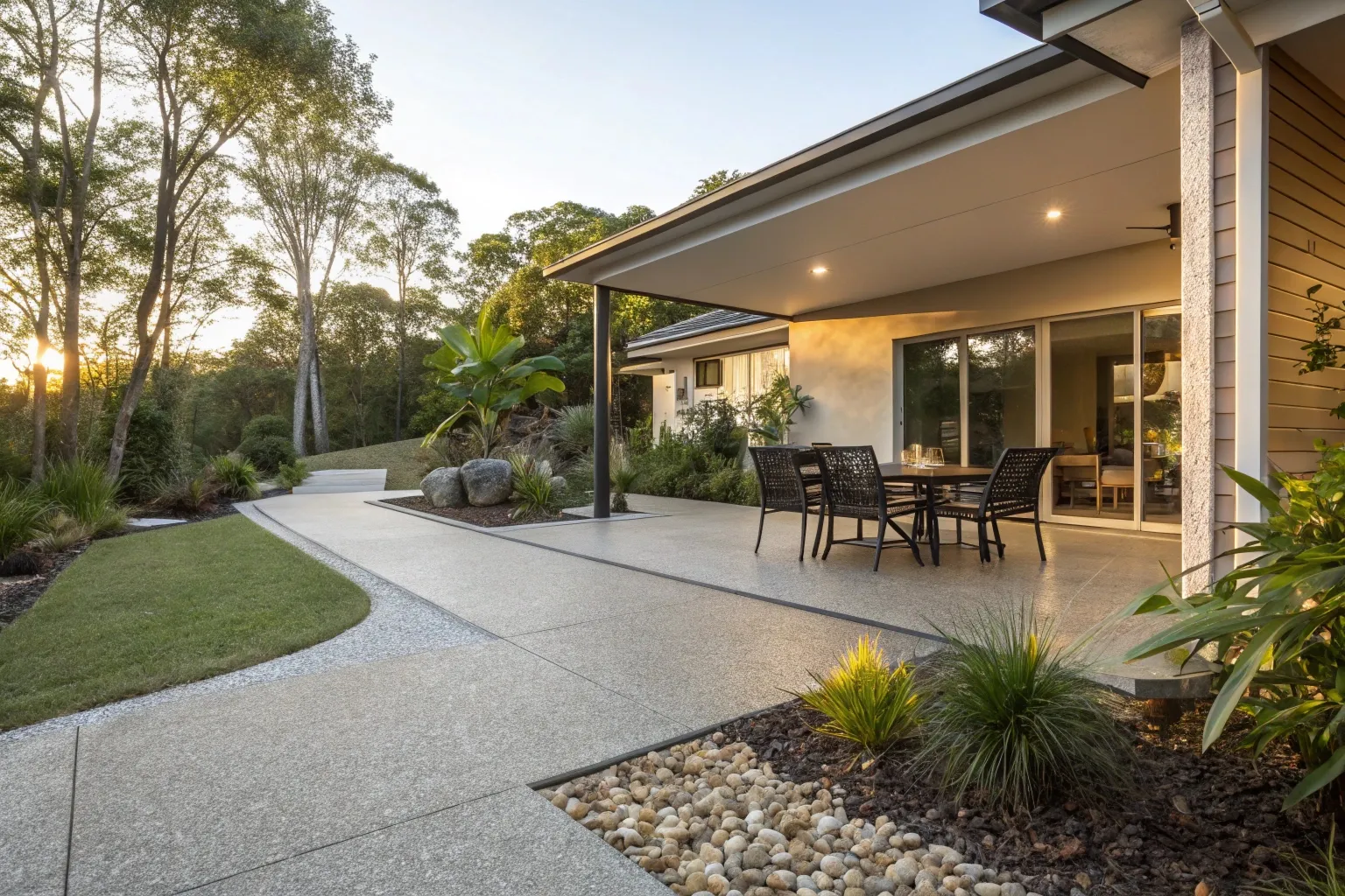 Exposed aggregate concrete patio behind a modern Gold Coast home