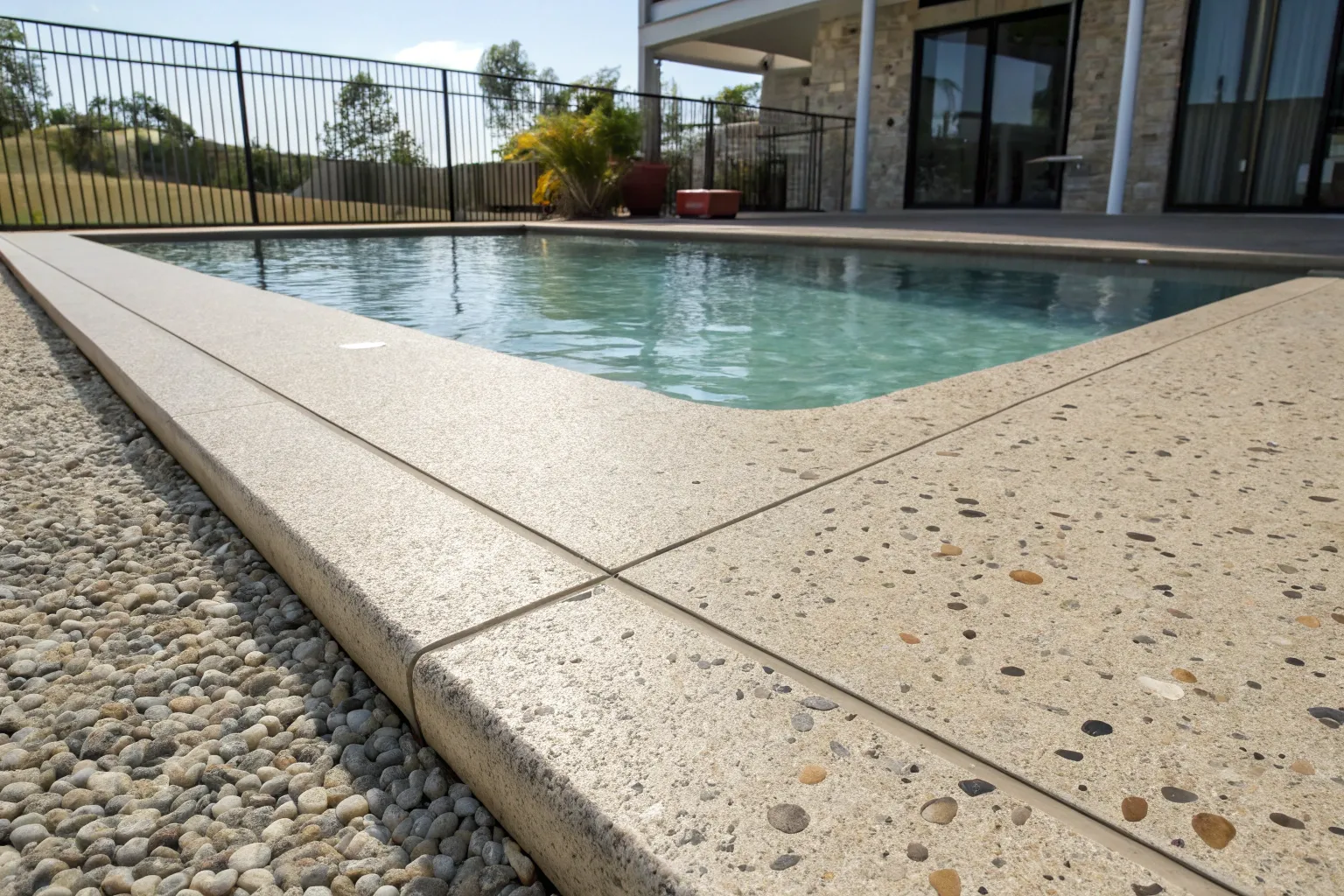 Exposed aggregate concrete pool surround surface