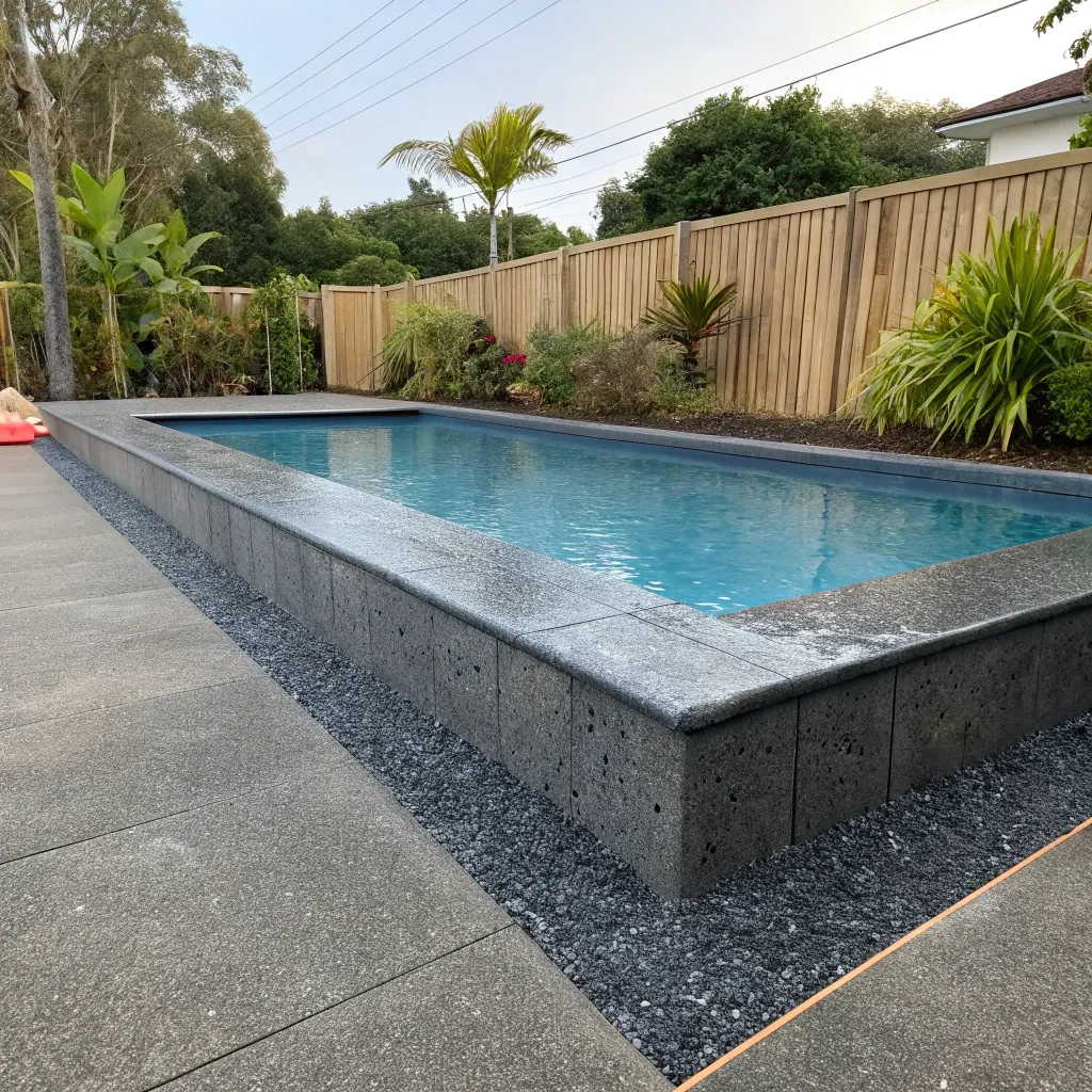Exposed aggregate concrete pool surround with slip-resistant textured surface