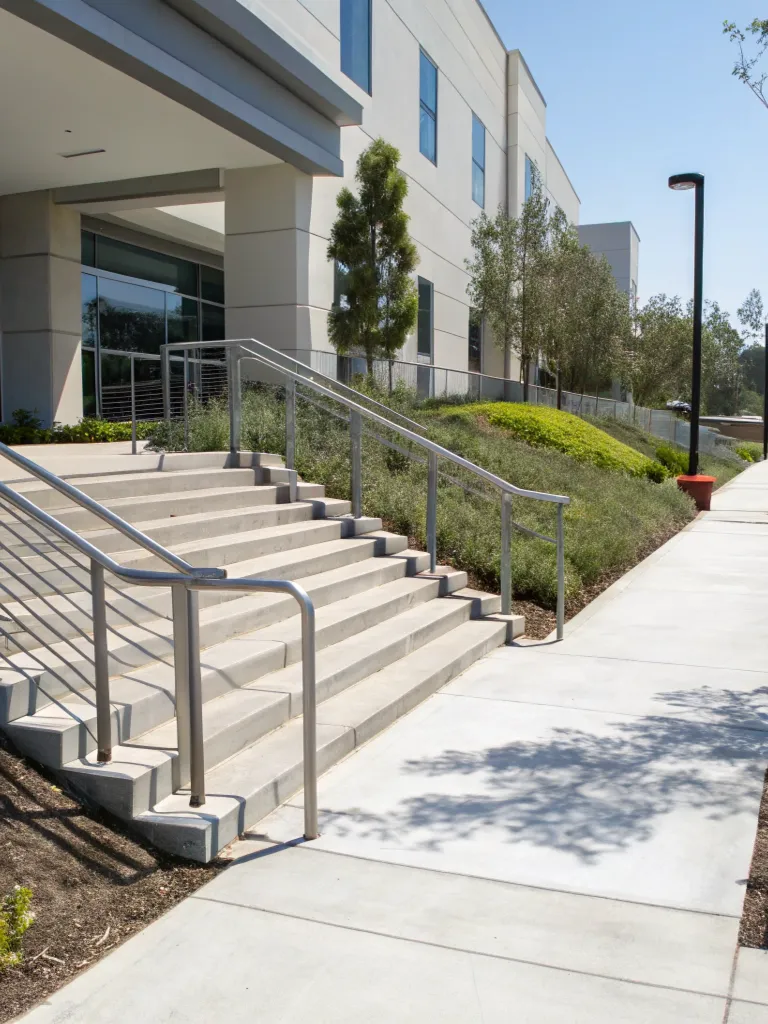 Freshly constructed broom-finish concrete access step
