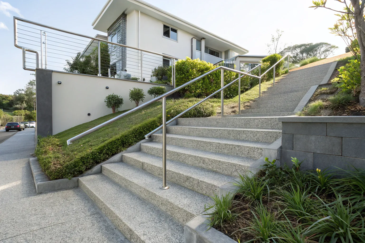 Freshly constructed exposed aggregate concrete entry path