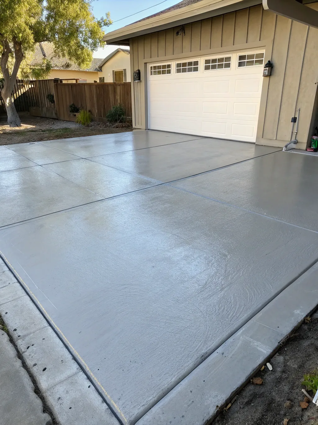 Freshly finished concrete garage slab surface with a smooth trowel finish