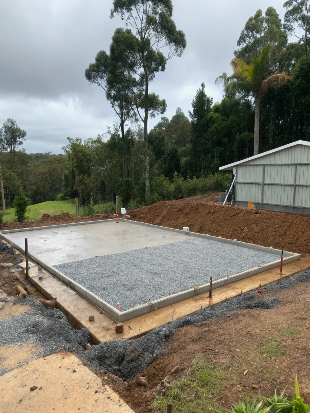 Freshly prepared shed slab site showing compacted base