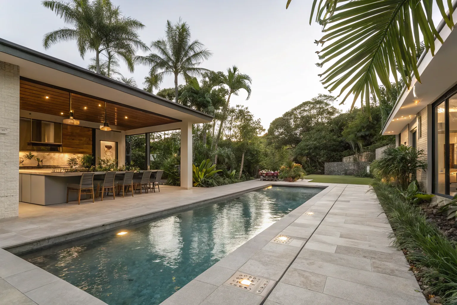 Ground-level view looking along a concrete pool surround at a Gold Coast home