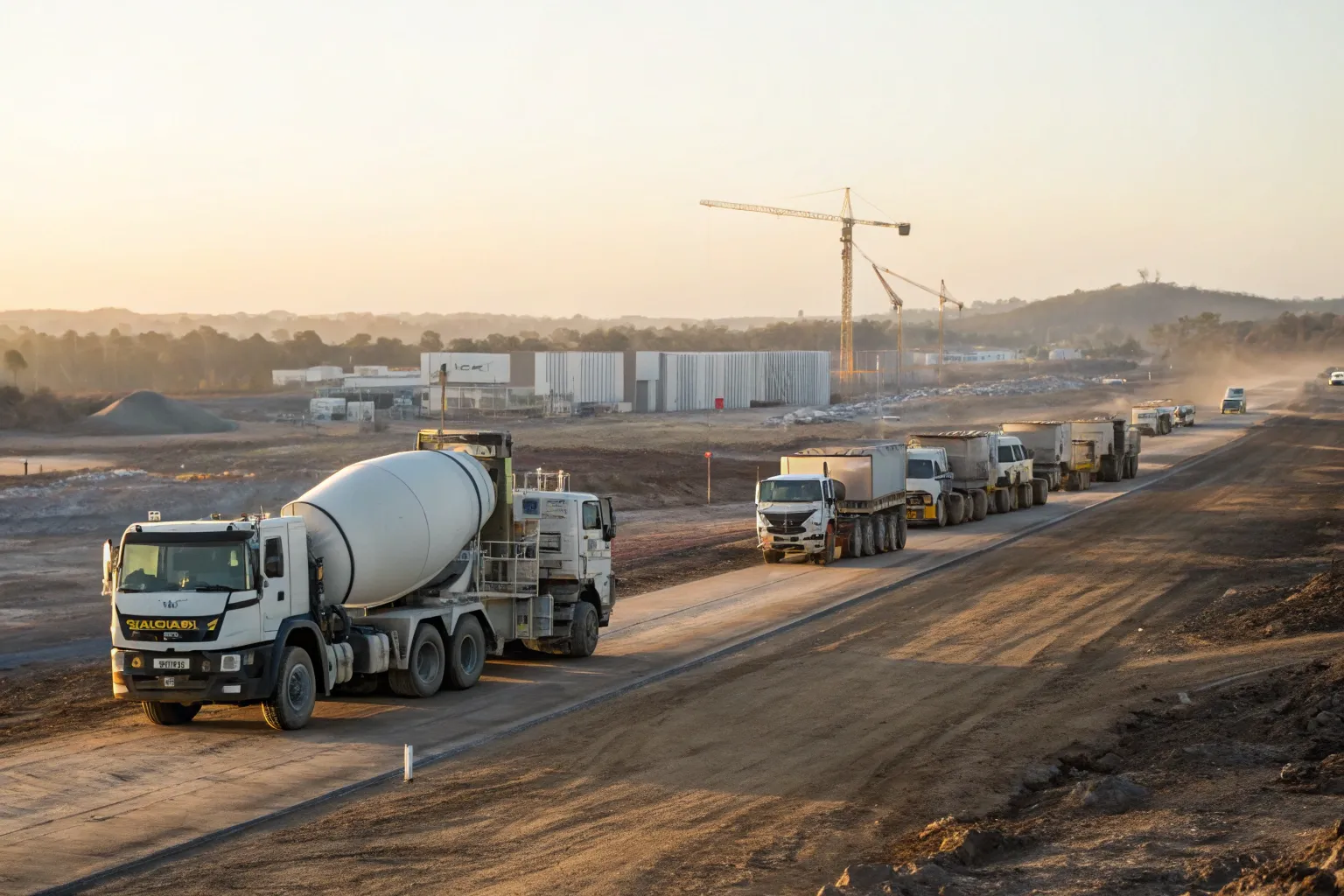 Multiple concrete agitator trucks on site for a large pour