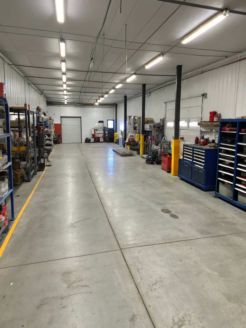 Large clean concrete workshop garage floor built to handle vehicles and equipment