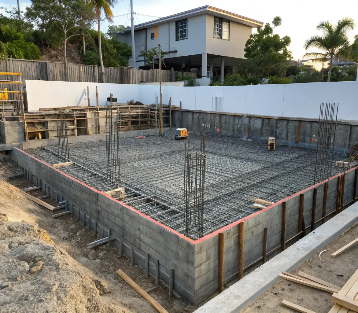 Large reinforced concrete raft footing under construction