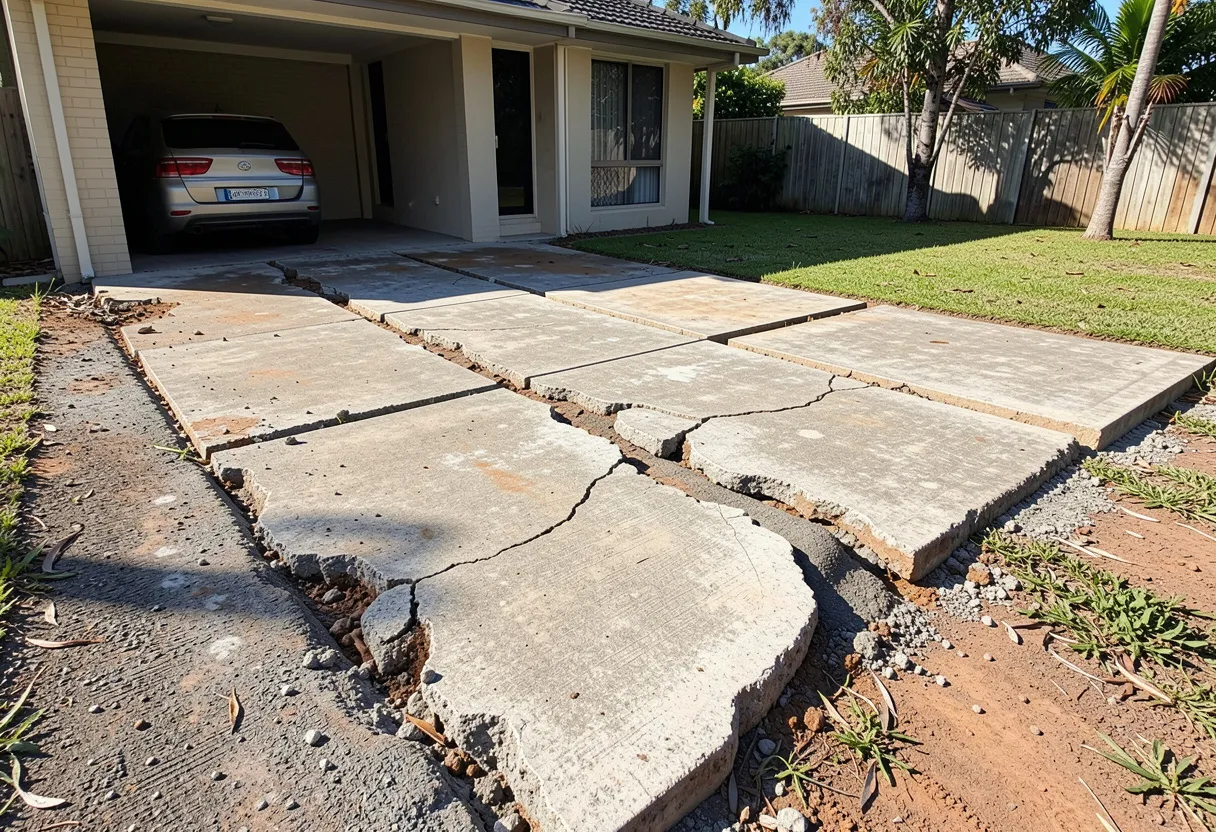 Excavator removing a cracked residential concrete driveway ahead of a new pour