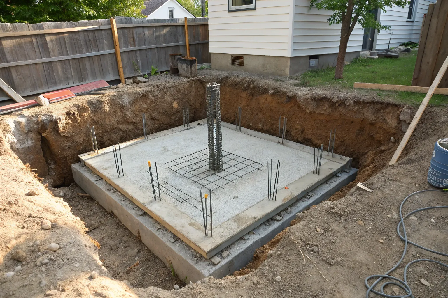 Series of round concrete pier footings set into the ground
