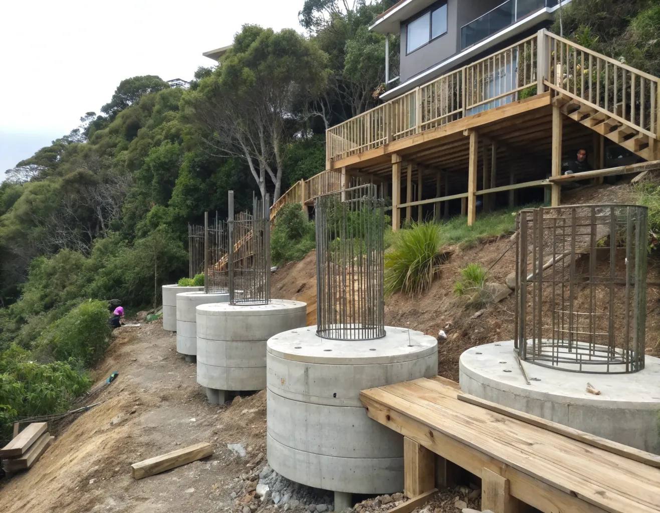 Series of round concrete pier footings set into drilled holes on a sloped block