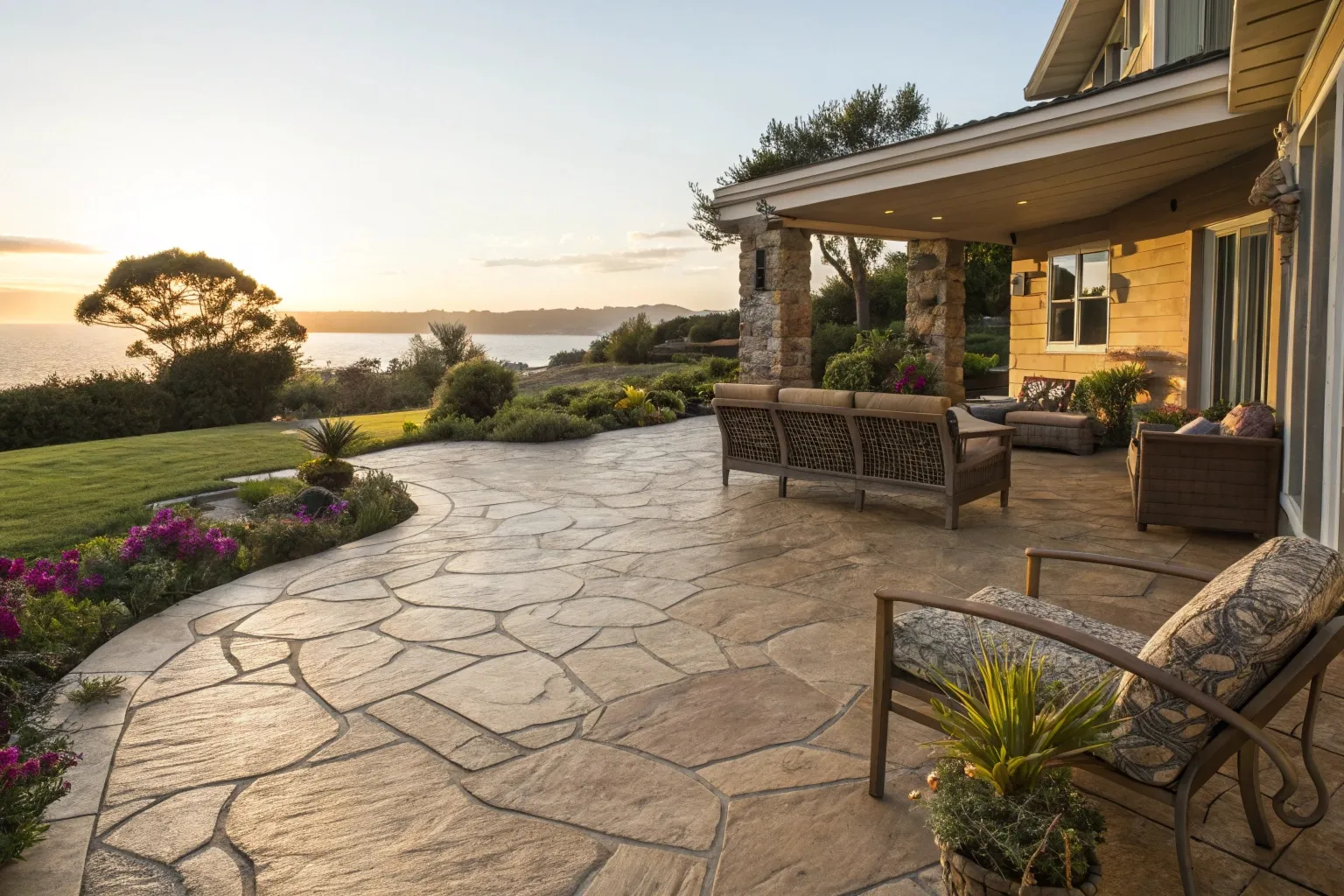 Freshly sealed stamped concrete patio in a large Gold Coast backyard
