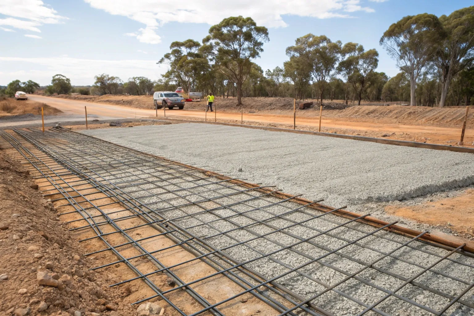 Steel reinforcement mesh laid out on a prepared concrete base before pouring
