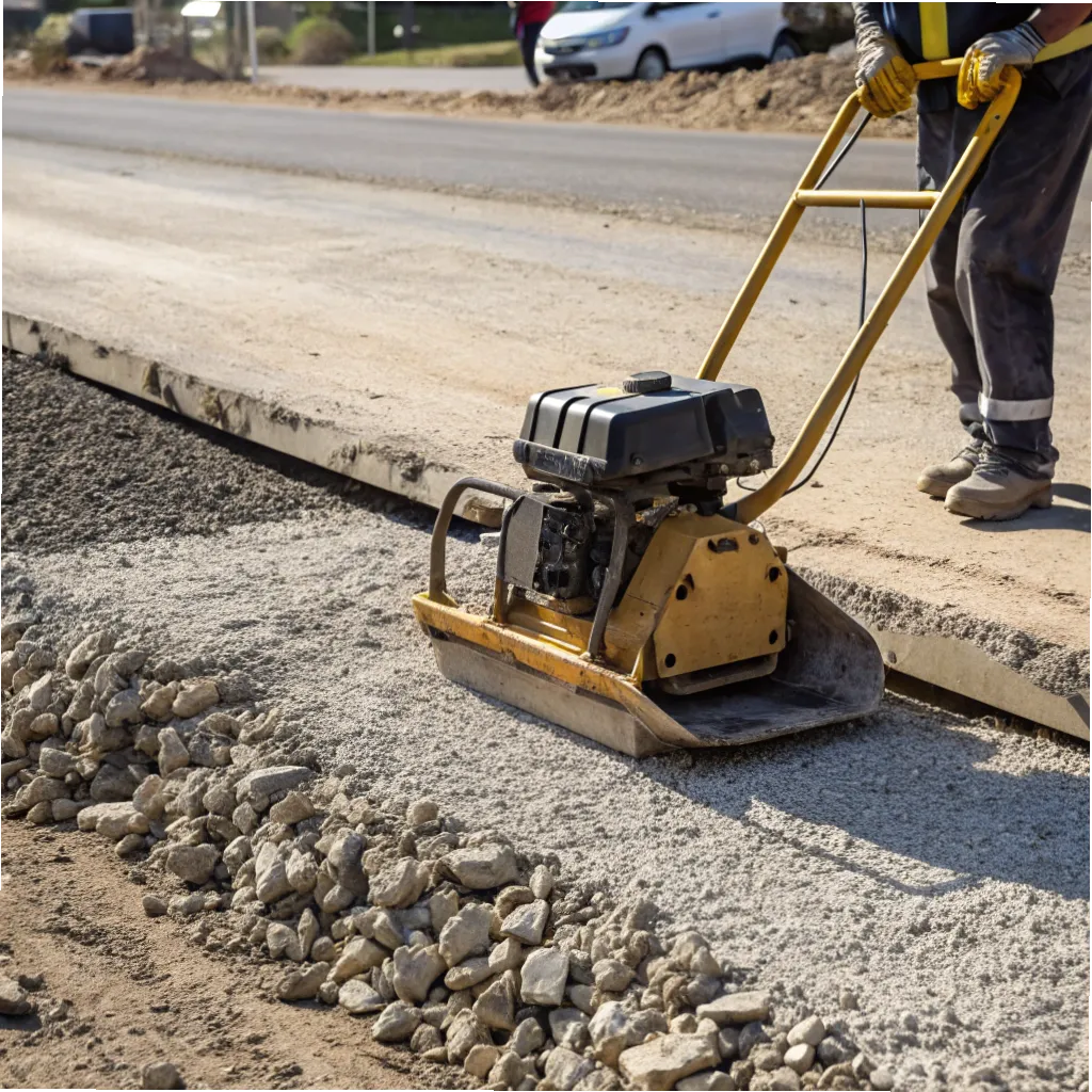 Plate compactor compacting sub-base on a Gold Coast construction site before concrete pour