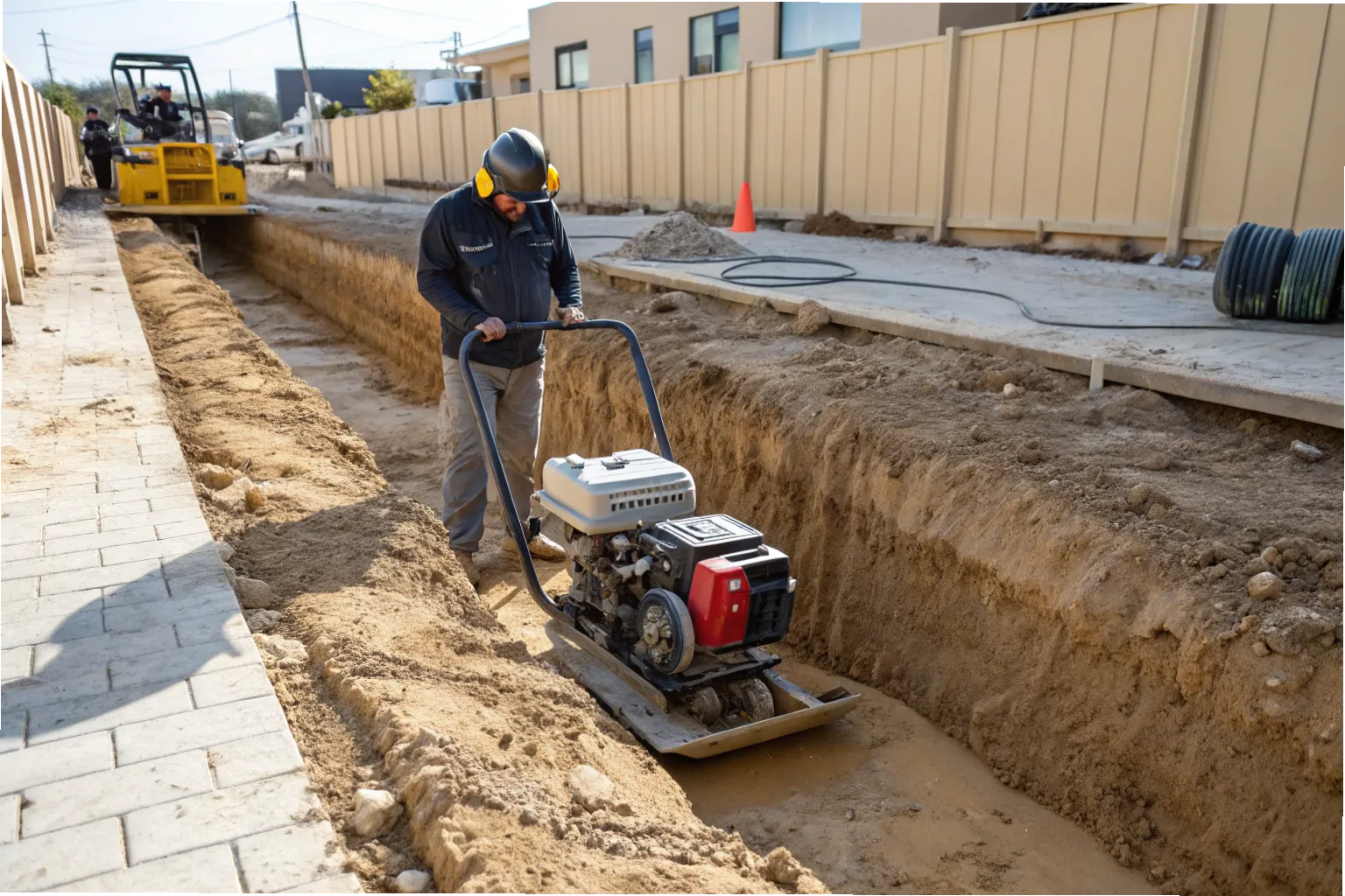 Trench backfill compaction on a Gold Coast construction site