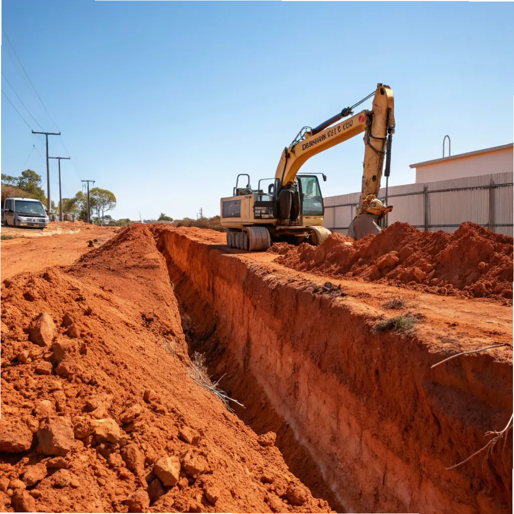 Excavator digging a service trench on a Gold Coast residential construction site