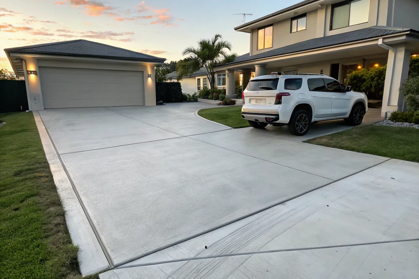 Freshly completed double-width concrete driveway at a Gold Coast home