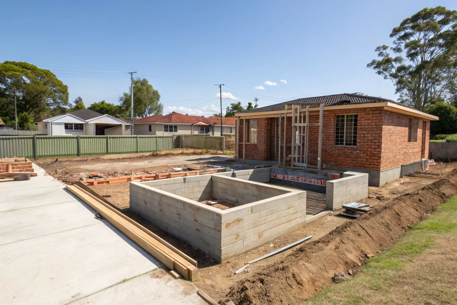 Home extension under construction on Gold Coast showing strip footings and early brickwork