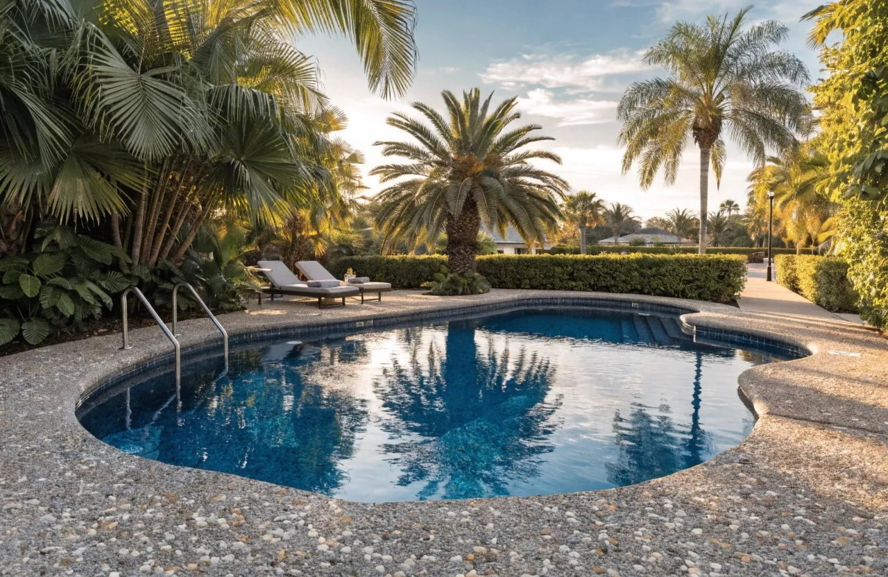 Resort-style exposed aggregate concrete pool surround and coping at a Gold Coast home