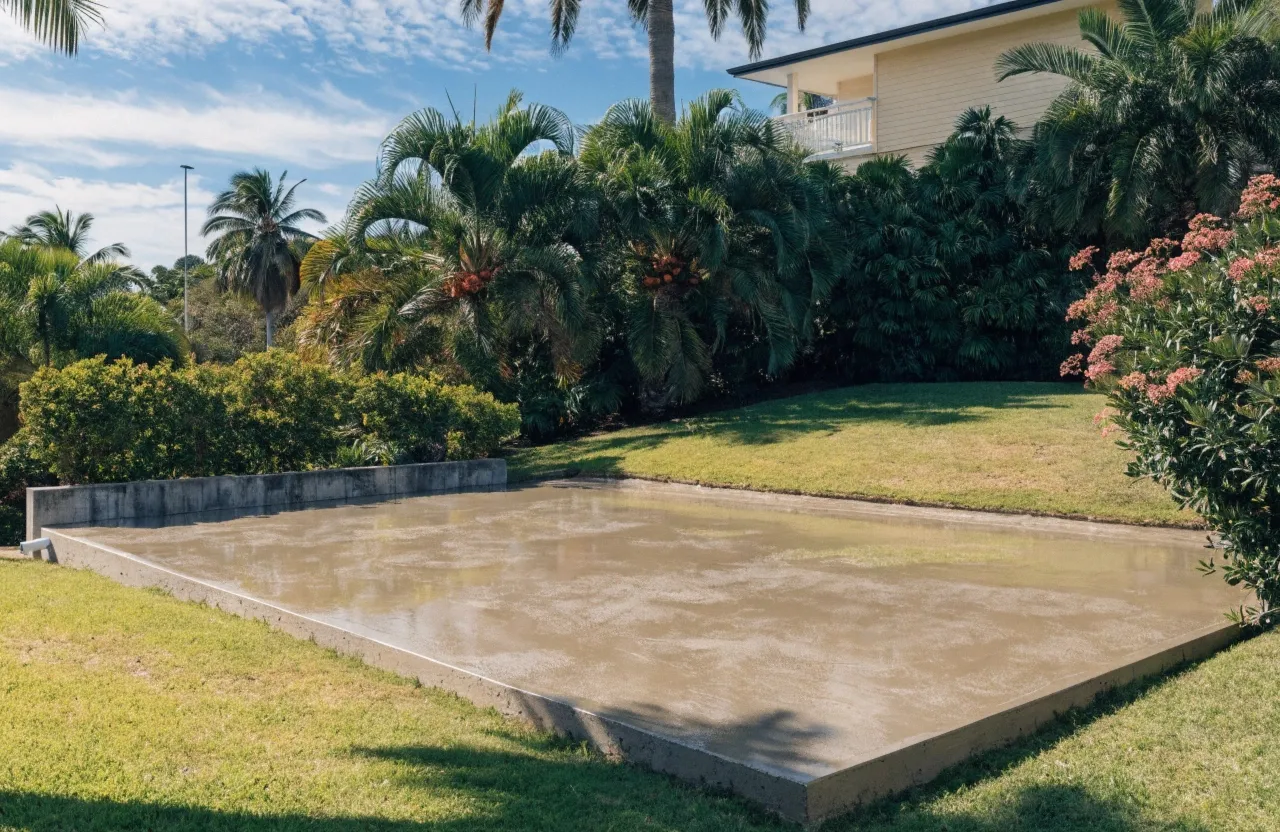 Freshly poured reinforced concrete slab for an outdoor entertaining area at a Gold Coast property