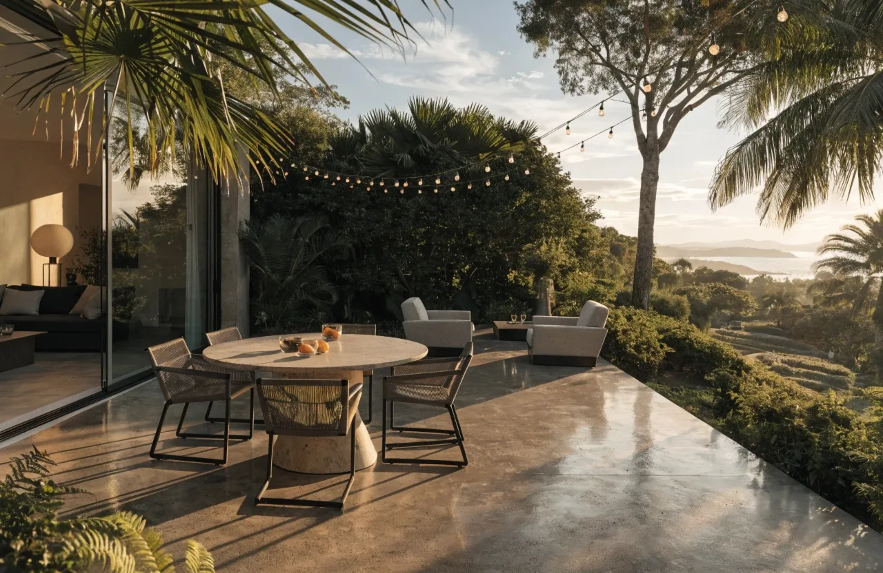 Large format concrete entertaining patio with seamless indoor-outdoor flow