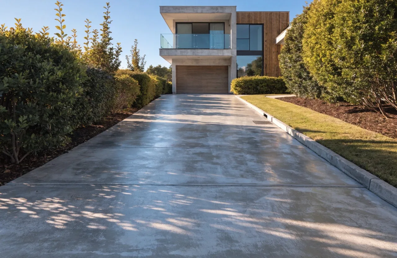 Freshly resurfaced premium concrete driveway at a modern Gold Coast home
