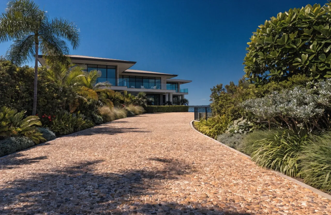 Premium exposed aggregate concrete driveway at a luxury Gold Coast home