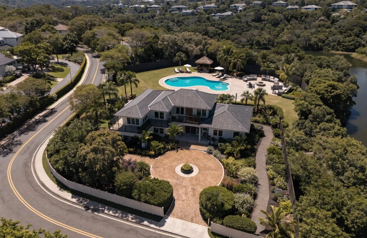 Aerial view of a completed concrete driveway, pool surround and entertaining patio at a luxury Gold Coast home