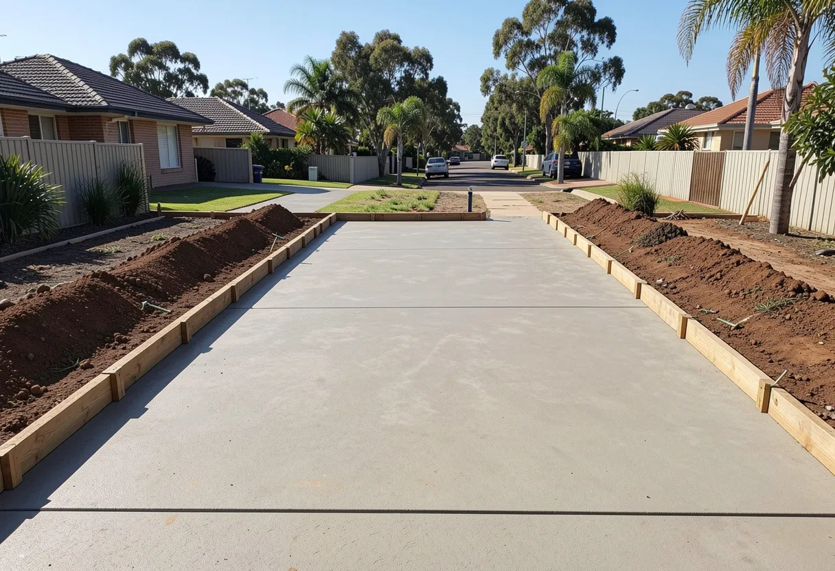 Freshly poured concrete driveway outside a Tugun home