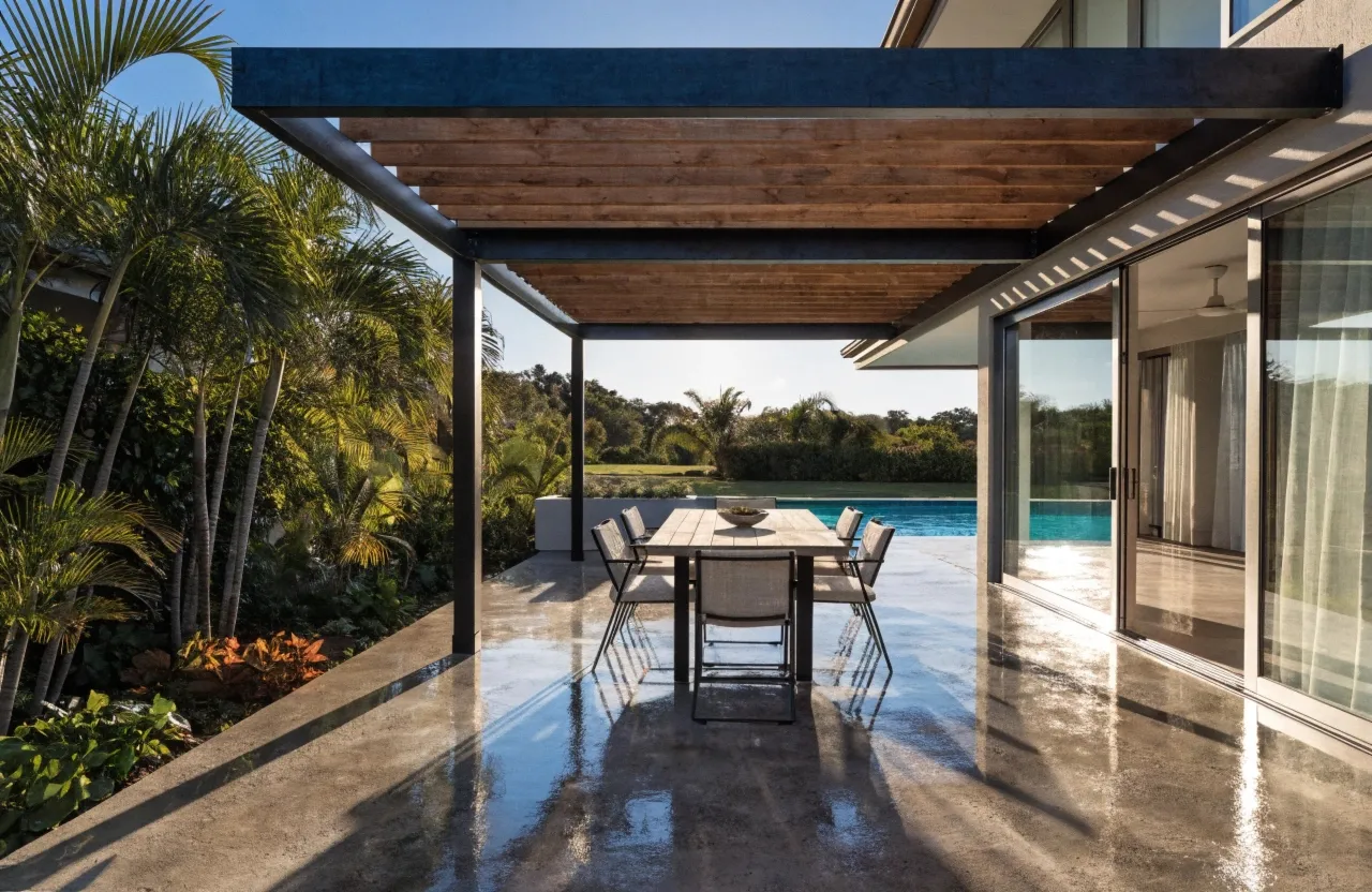 Decorative concrete entertaining slab at a Gold Coast coastal property